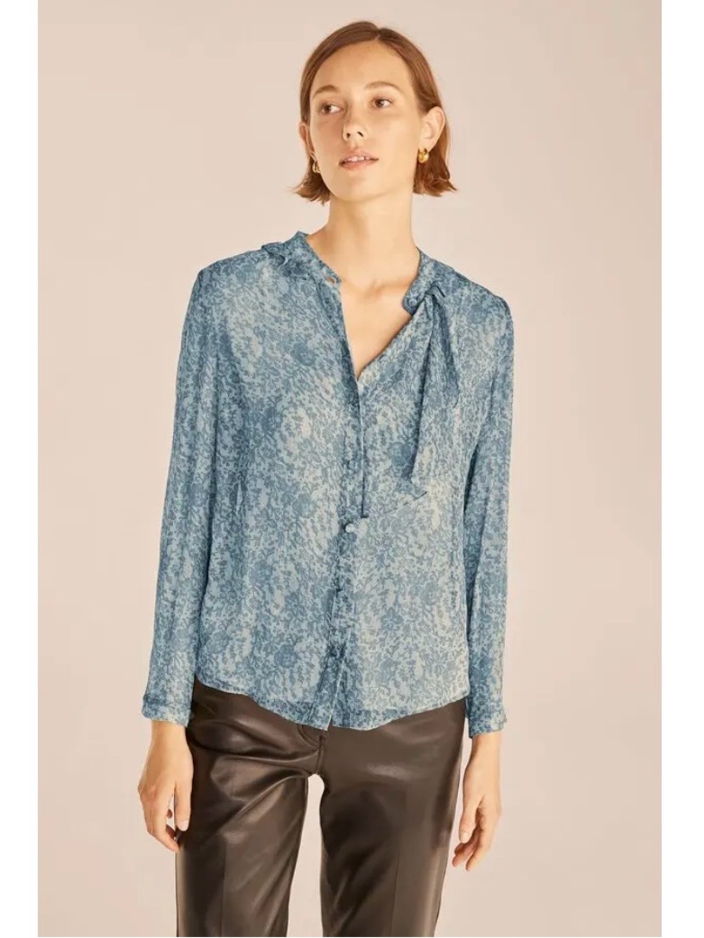 Rebecca Taylor Silk Blue Floral Tie-Neck Blouse